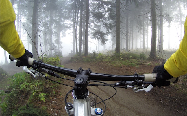 Mountain biking through a foggy forrest